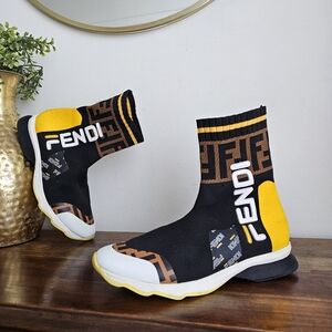 Fendi × Fila Mania FF Logo Sock Sneakers Black Brown Yellow Men's Size 41